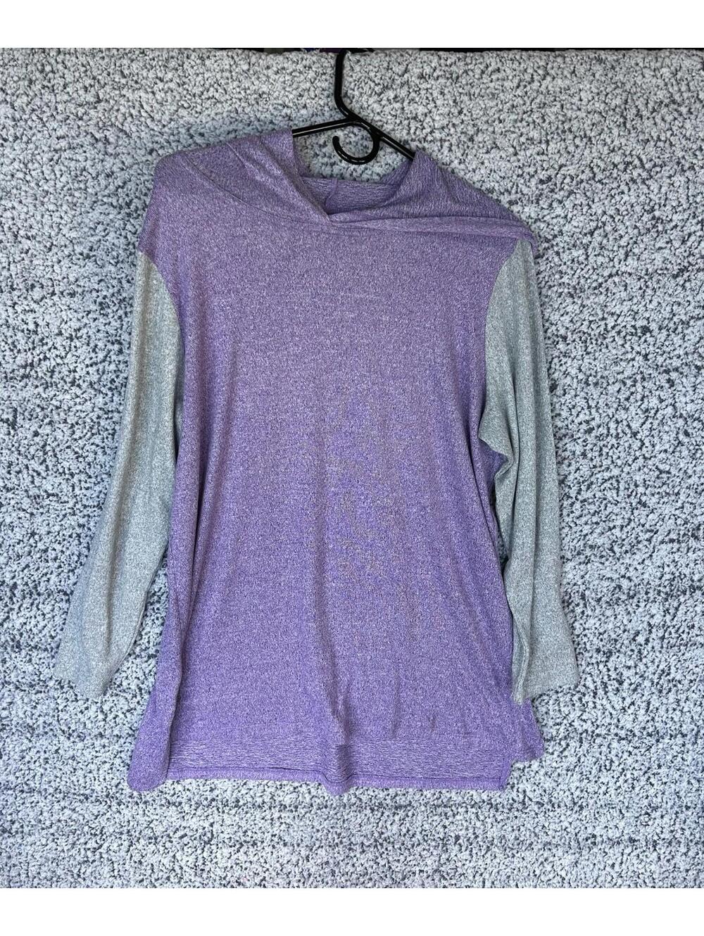 Bobbie Brooks Purple Hooded Tunic Top Plus Size 1X Gray Sleeve Cowl Neck